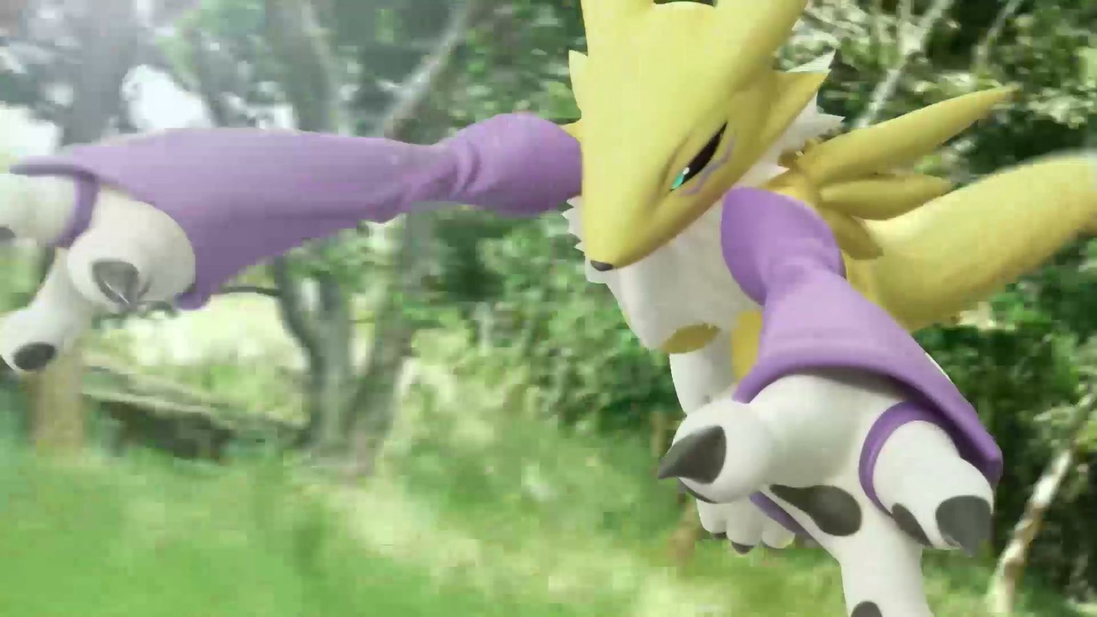 A yellow and white Digimon standing in a night field